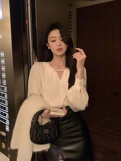 Office Blouse Elegant Long Sleeve Shirt  With Pearl