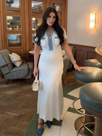 Elegant V-Neck Knitted Long Dress Office