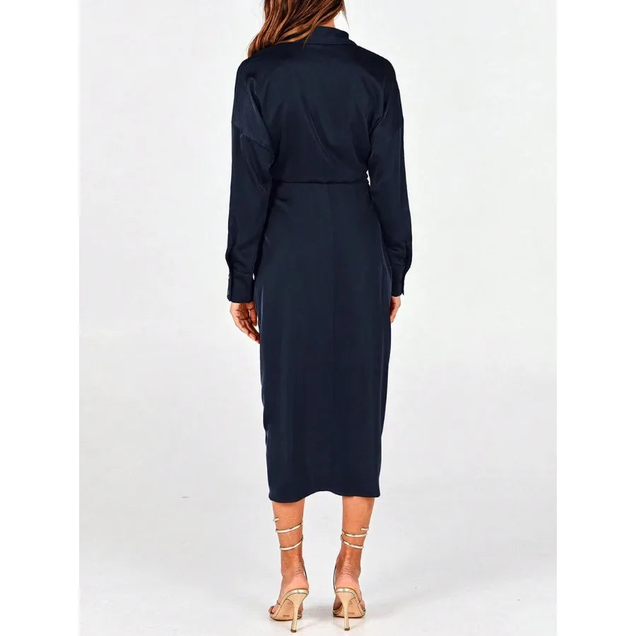 Elegant Button-Front Long Sleeve Midi Dress
