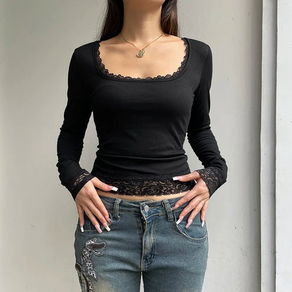 Black Long Sleeves T-shirt  Lace  Casual