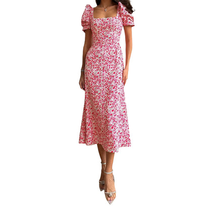 Casual Floral Midi Dress, Puff Sleeve Elegant