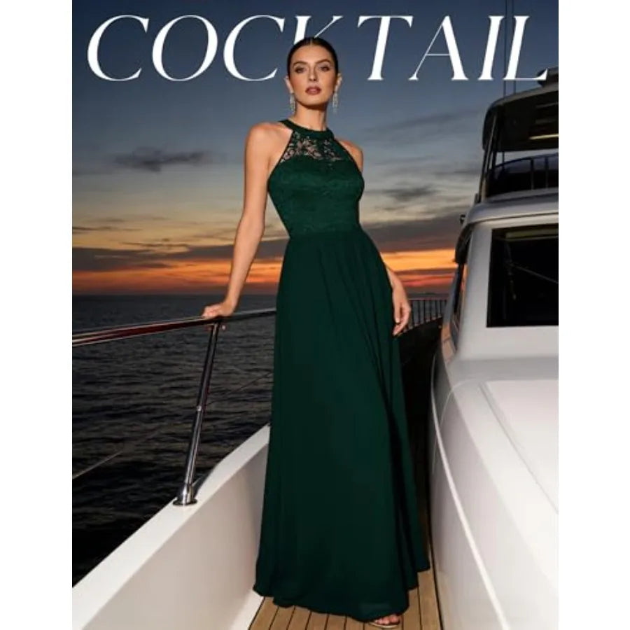 Dark Green Halter Lace Formal Gown