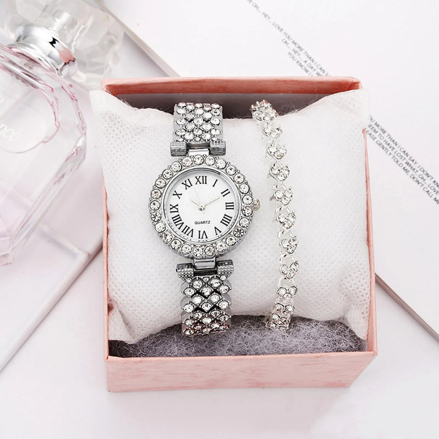 Women Watch Bracelet Set Diamond Steel Band