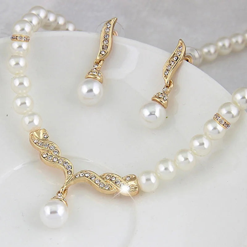 Pearl Jewelry Set Necklace Earrings Wedding  Gold Color