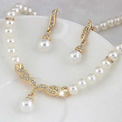 Pearl Jewelry Set Necklace Earrings Wedding  Gold Color