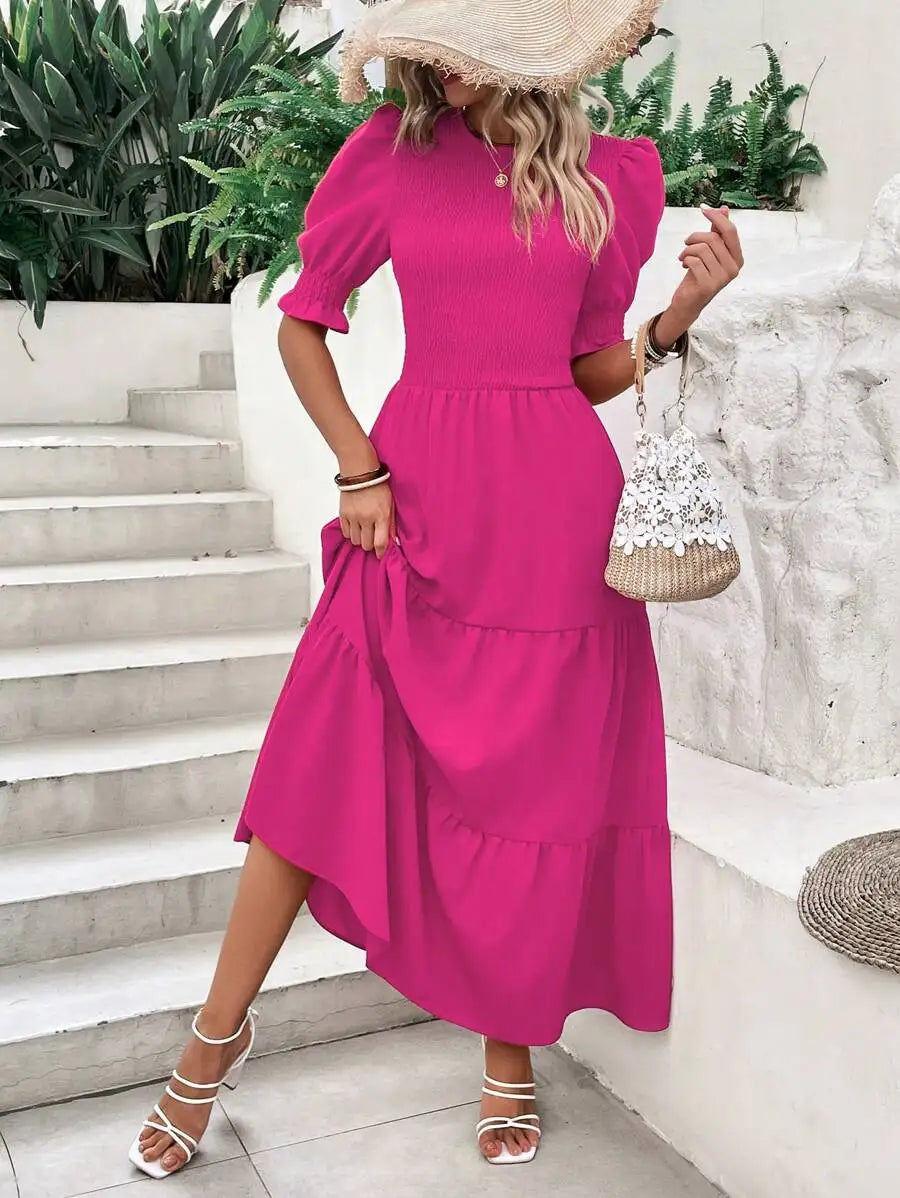 Olive Green Flowy Puff Sleeve Tiered Dress