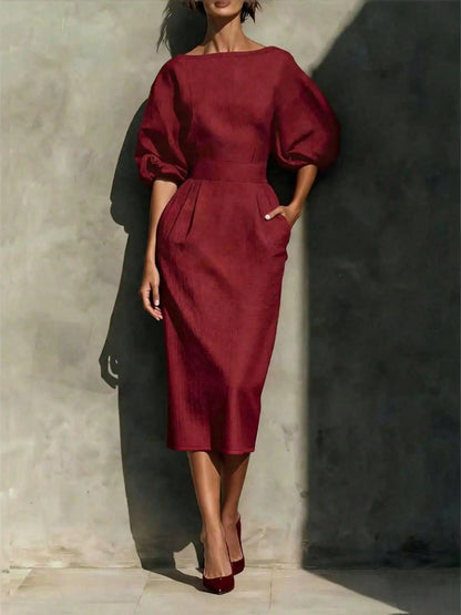 Elegant Red Midi Dress with Side Pockets