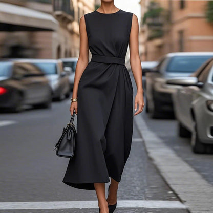 Casual Round Neck Sleeveless Dress With Belt