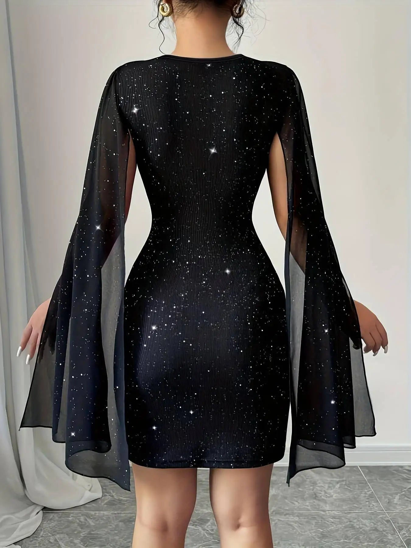 Womens Black Glitter Lace Cape Sleeve Mini Dress