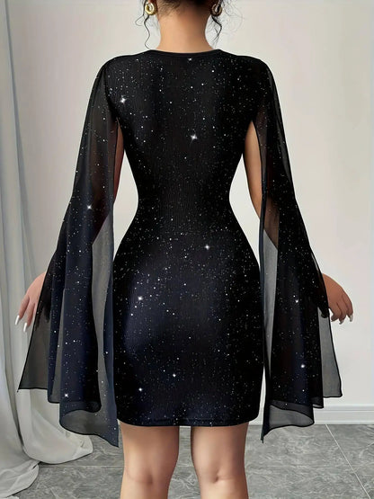 Womens Black Glitter Lace Cape Sleeve Mini Dress
