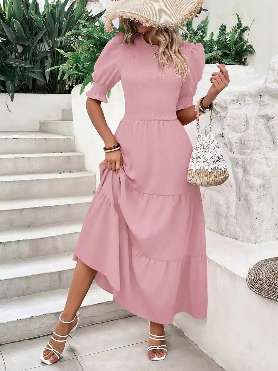 Olive Green Flowy Puff Sleeve Tiered Dress