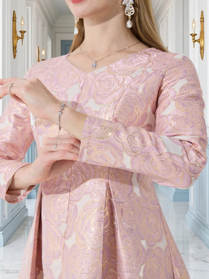 Elegant Pink Rose-Pattern Design Long Sleeve Midi Dress