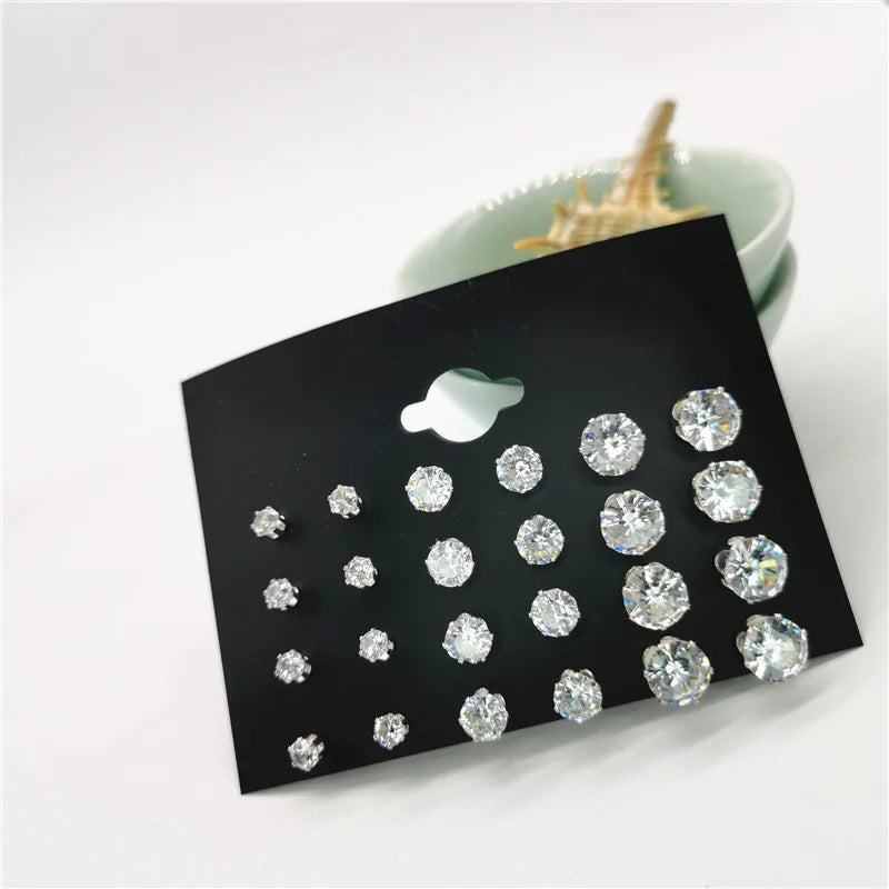 24pcs Cubic Zirconia Stud Earrings - Stainless Steel