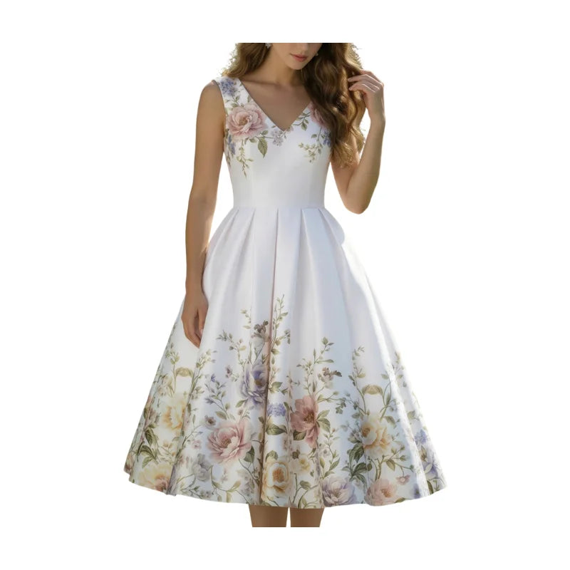 Womens Floral Print Pleated Swing Midi Dress
