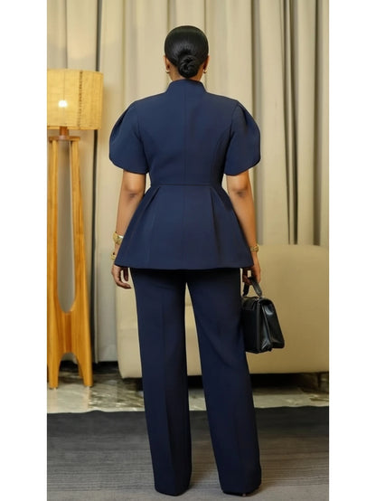 Blue Peplum Top Straight Leg Pants Set
