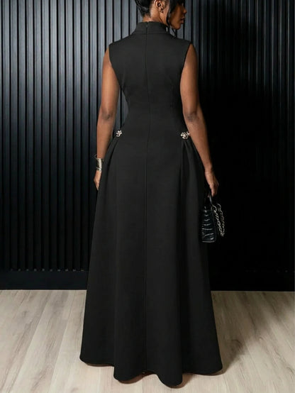Red High Neck Flared Maxi Formal Dress