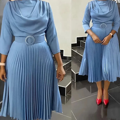 Dark Blue Pleated Midi Office Dress – Elegant Workwear Belted Dress with Waist Detail