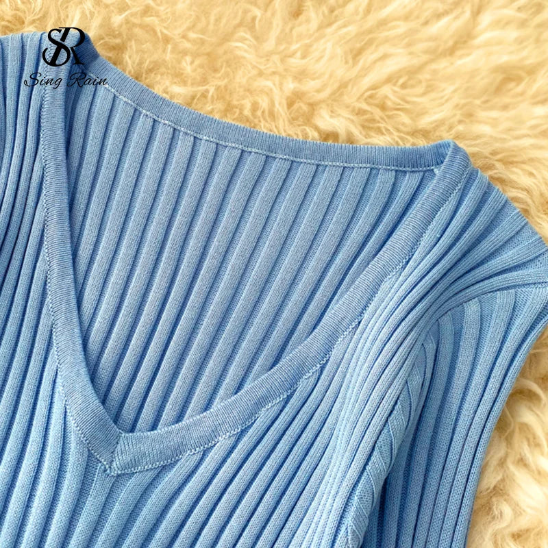 Knitted Dress V-Neck Slim Elastic  Sweater Dress