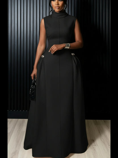 Red High Neck Flared Maxi Formal Dress