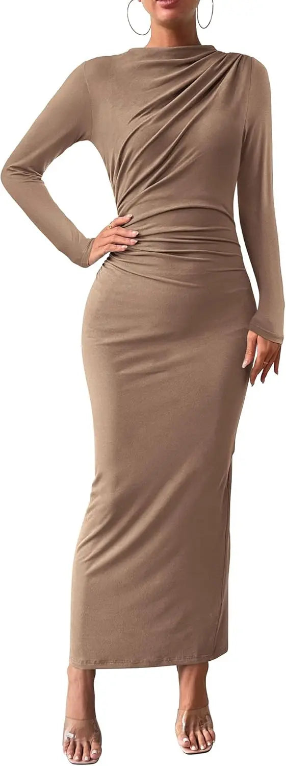 Elegant Ruched Long Sleeve Maxi Dress