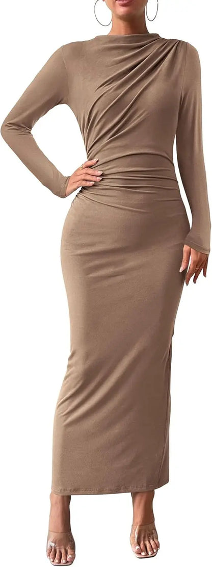 Elegant Ruched Long Sleeve Maxi Dress