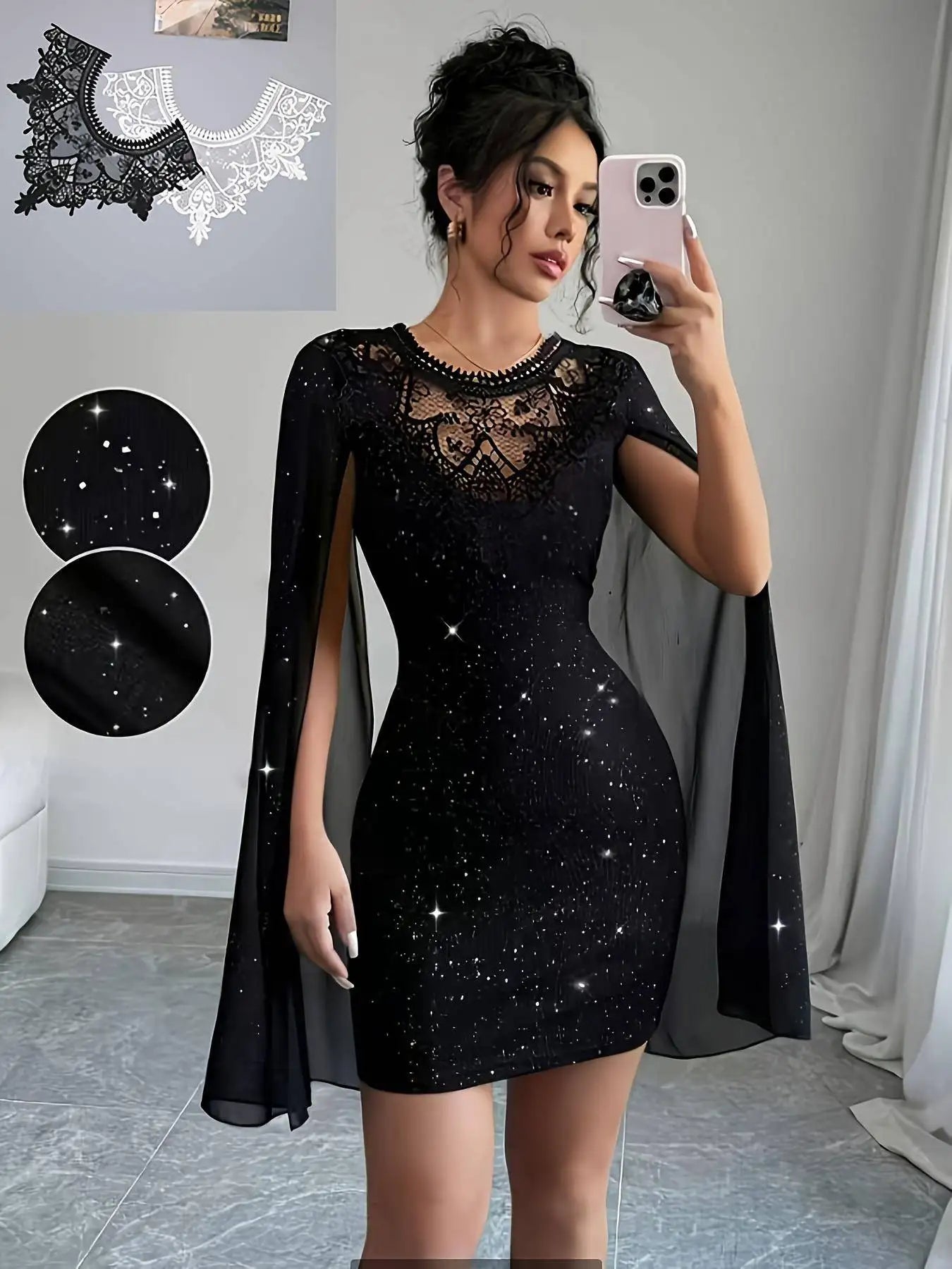 Womens Black Glitter Lace Cape Sleeve Mini Dress