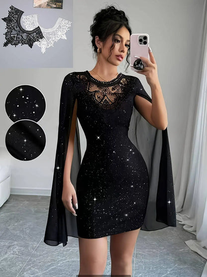 Womens Black Glitter Lace Cape Sleeve Mini Dress