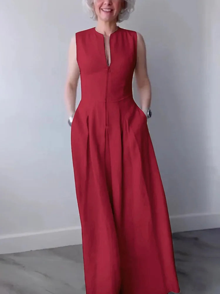Red Linen Sleeveless Pleated Maxi Dress With Pockets
