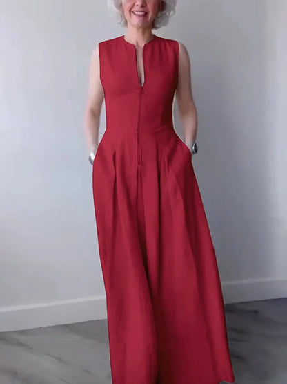Red Linen Sleeveless Pleated Maxi Dress With Pockets