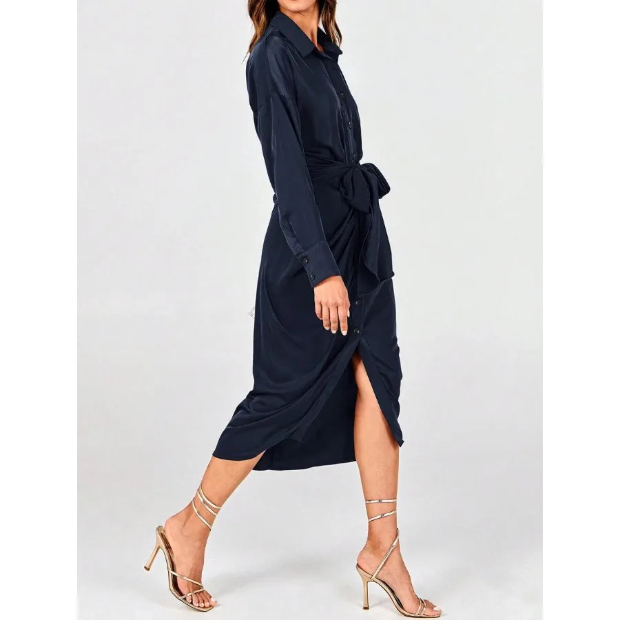 Elegant Button-Front Long Sleeve Midi Dress
