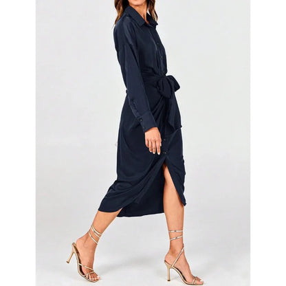 Elegant Button-Front Long Sleeve Midi Dress