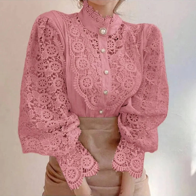 French Style Women Office Blouse  Lace Stand Collar