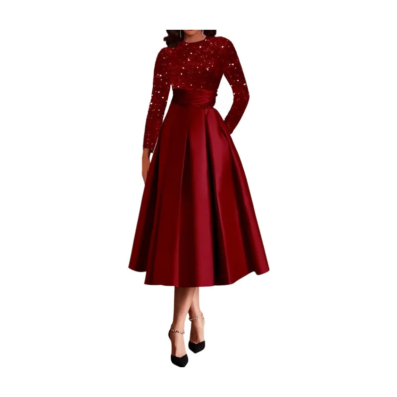 Burgundy Sequin Patch Flowy Midi Dress