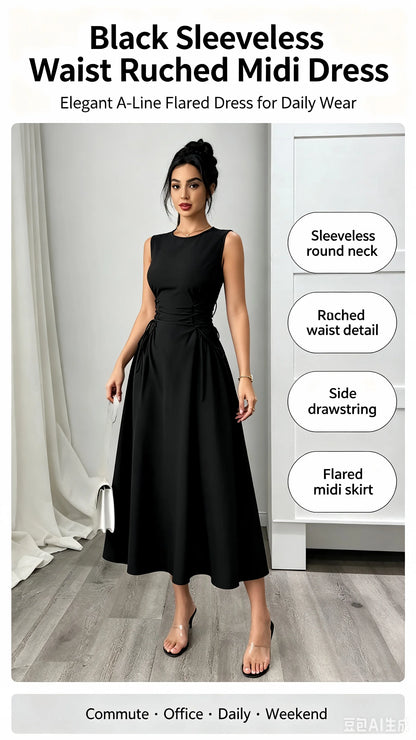 Womens Black Round Neck Bow Detail Flare Midi Dress