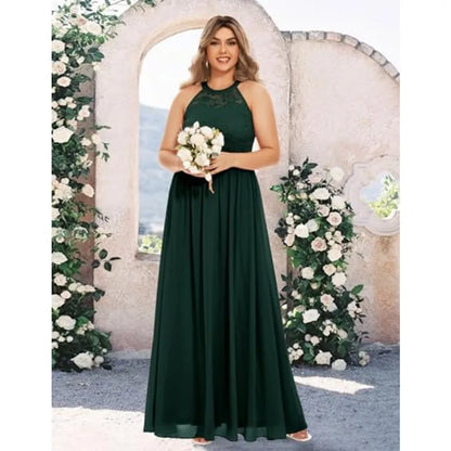 Dark Green Halter Lace Formal Gown